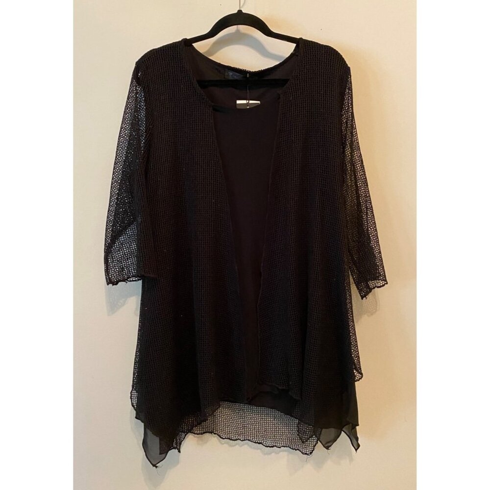 Black Open Front Layered Mesh Cardigan With 3/4 Sleeves By Creation Size XL